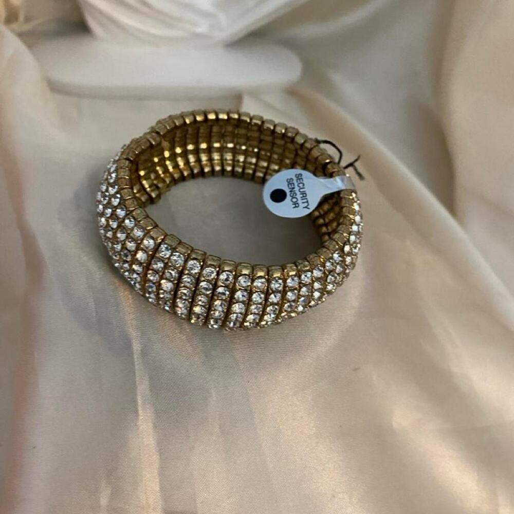 Vintage Wide Gold Tone Rhinestone Stretch Bracelet Crystal Pave Cuff Glam